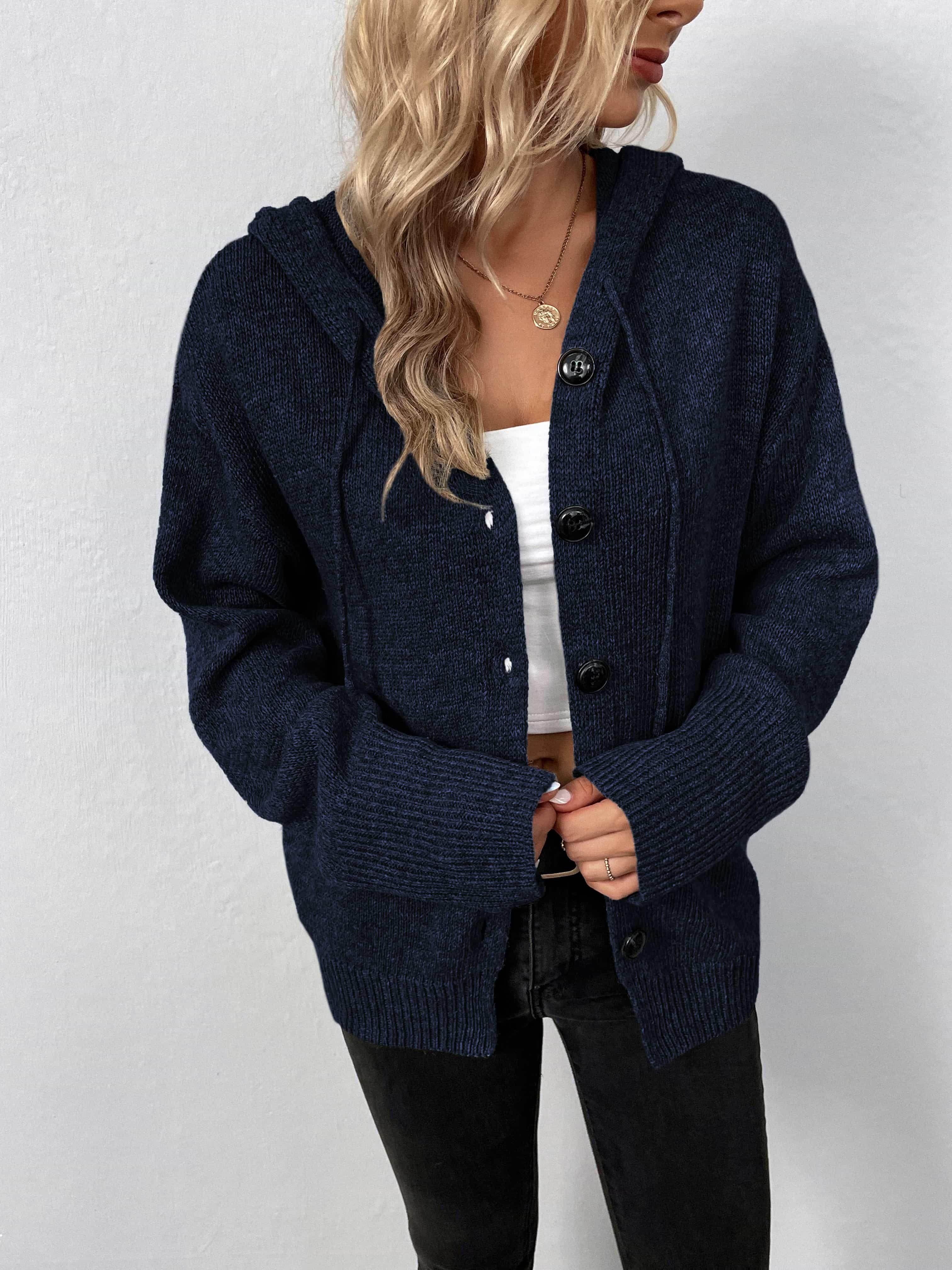 Trendsi casual hooded cardigan in navy blue, featuring buttons and a relaxed fit for a cozy look