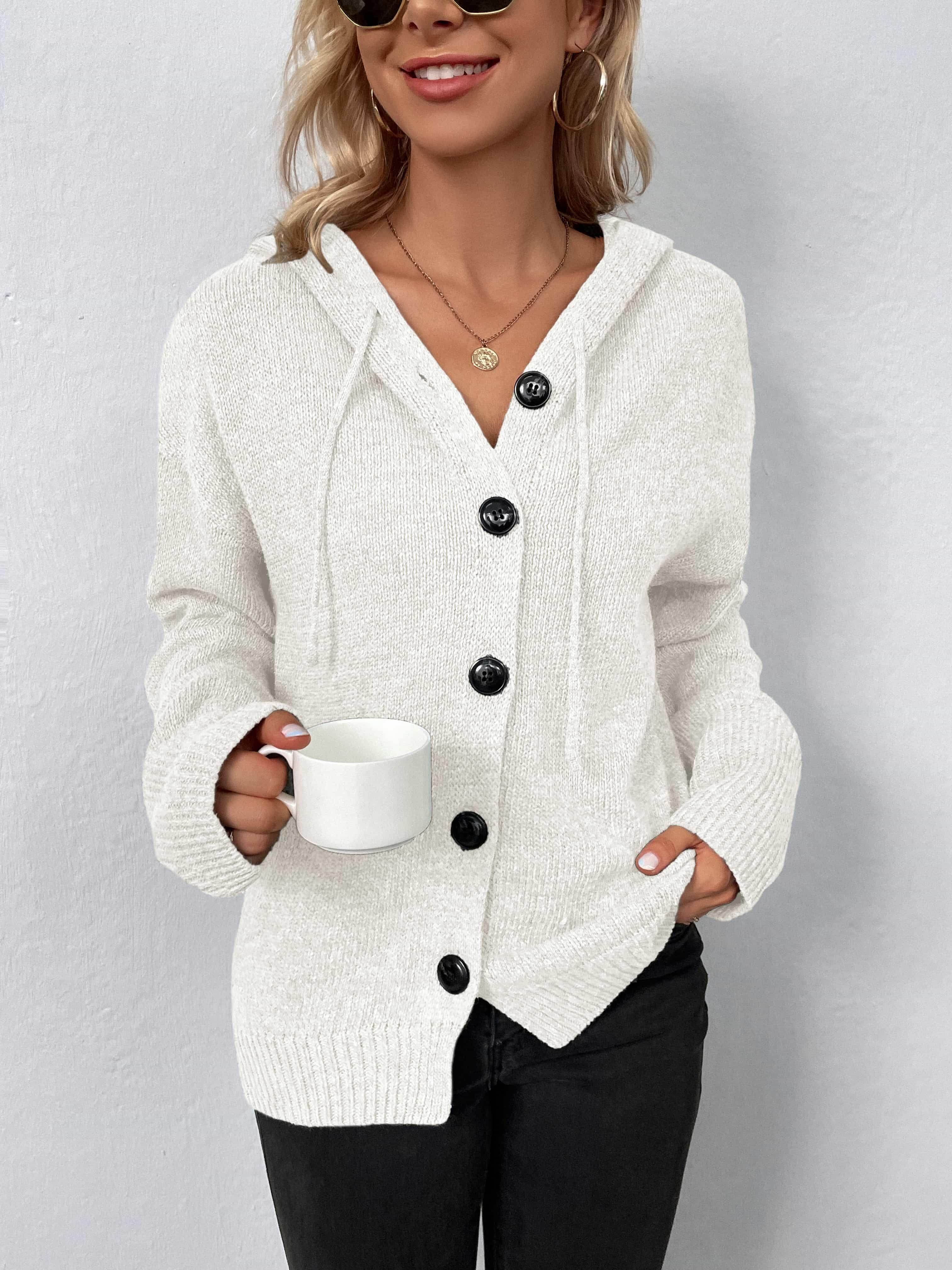 Trendsi casual hooded cardigan in soft white with button closure and front pockets for a relaxed look