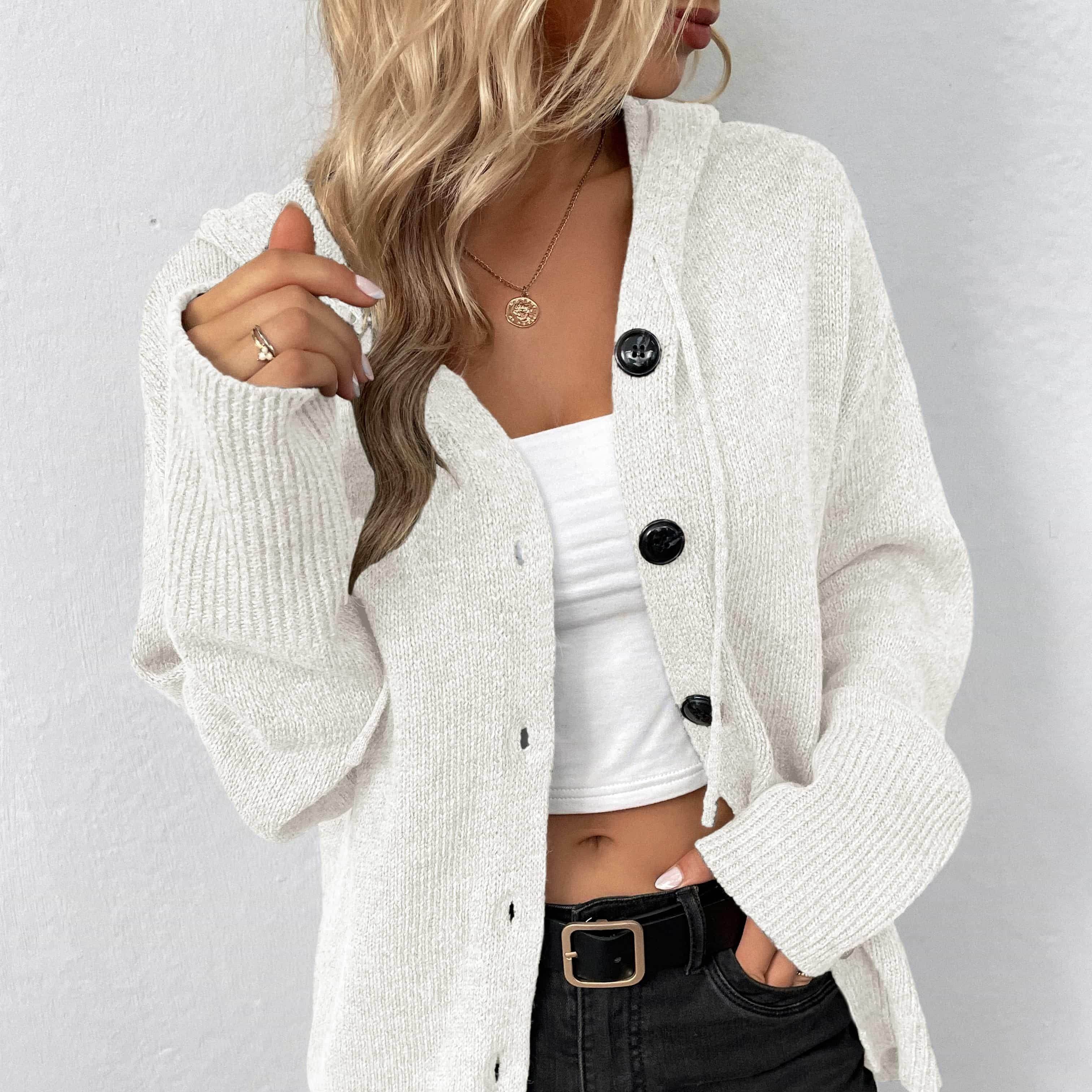 Trendsi casual hooded cardigan in light beige with buttons and ribbed sleeves, perfect for layering