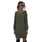 Trendsi casual mini dress for vacation in olive green with long sleeves and relaxed fit