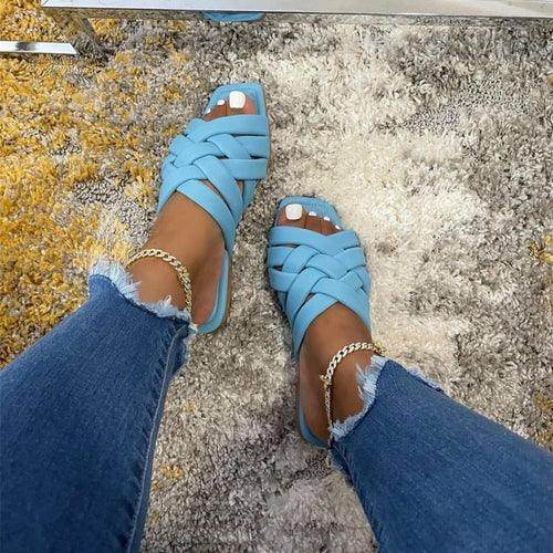 Light blue casual outdoor flat sandals with braided design for stylish summer wear