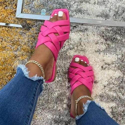 Pink Red Iphigenia casual outdoor flat sandals with stylish crisscross design for summer outfits