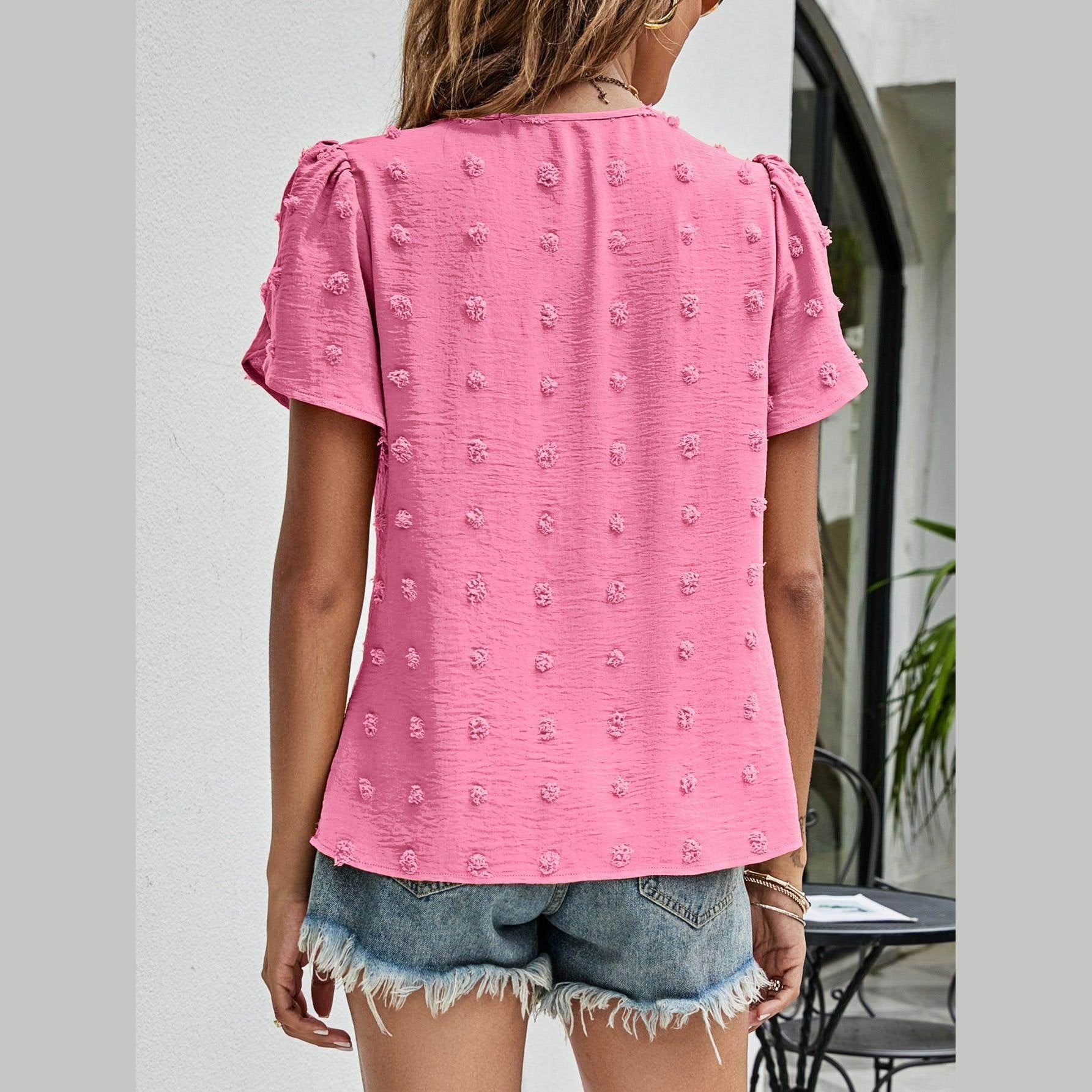 Trendsi casual pink Swiss dot top with puff sleeves and textured design for relaxed style