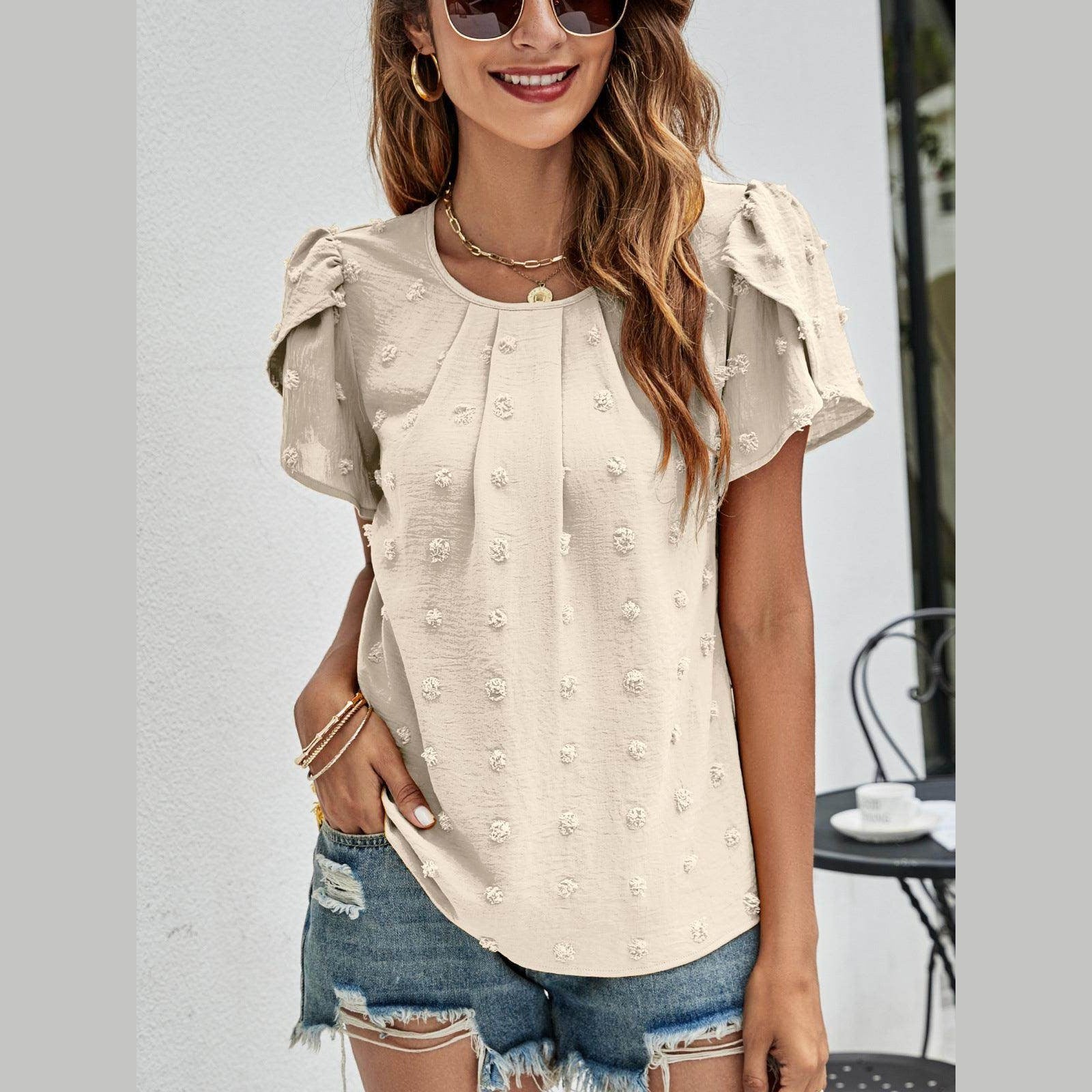 Trendsi casual pink Swiss dot top with short sleeves, ideal for stylish summer outfits