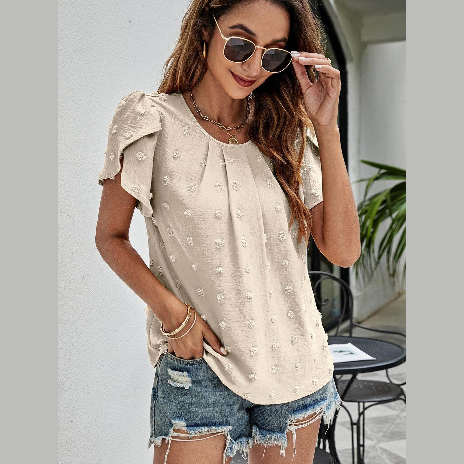 Trendsi casual pink Swiss dot top with short sleeves and textured design for a stylish look