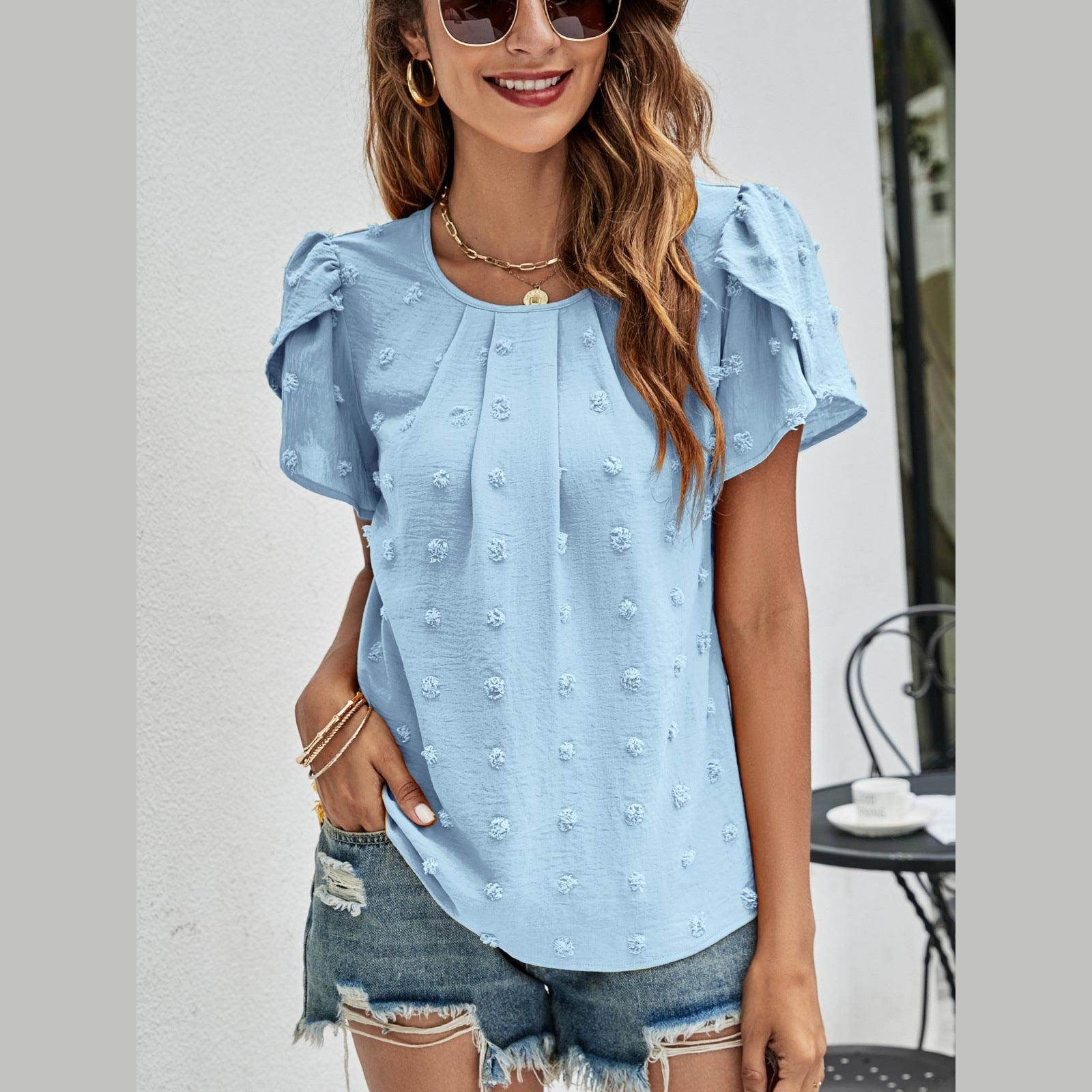 Trendsi women's casual pink Swiss dot top with short puff sleeves for a stylish look