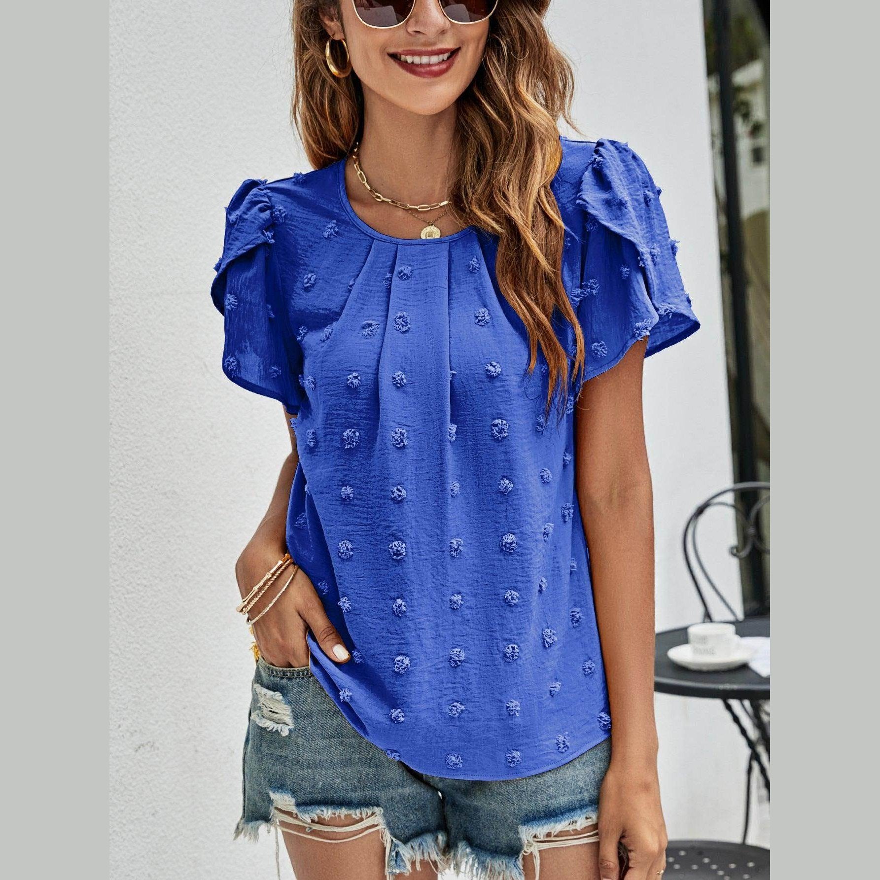 Trendsi women's casual pink Swiss dot top with flutter sleeves and a relaxed fit