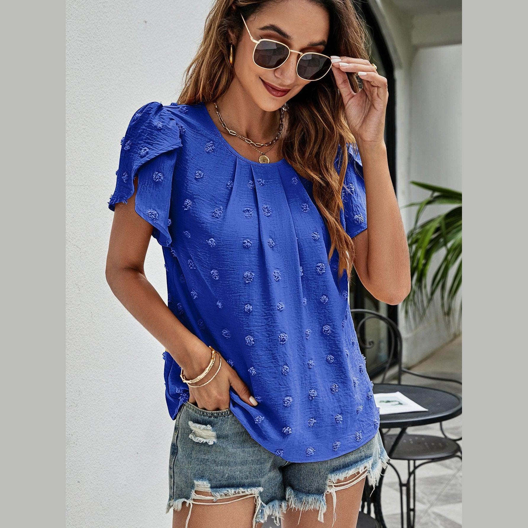 Trendsi casual pink Swiss dot top with pleated design and short sleeves, perfect for everyday wear