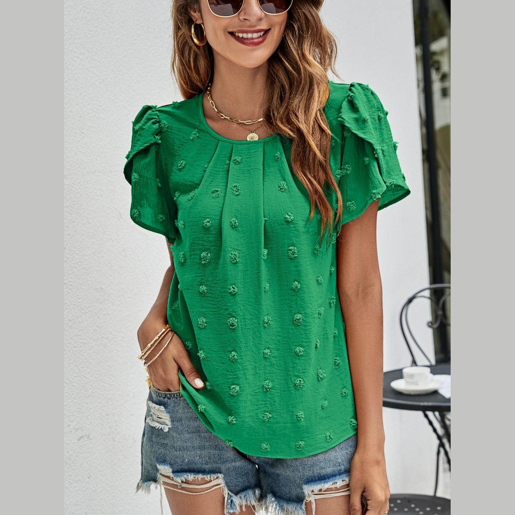 Trendsi Women's Casual Pink Swiss Dot Top with Flattering Ruffled Sleeves for Effortless Style