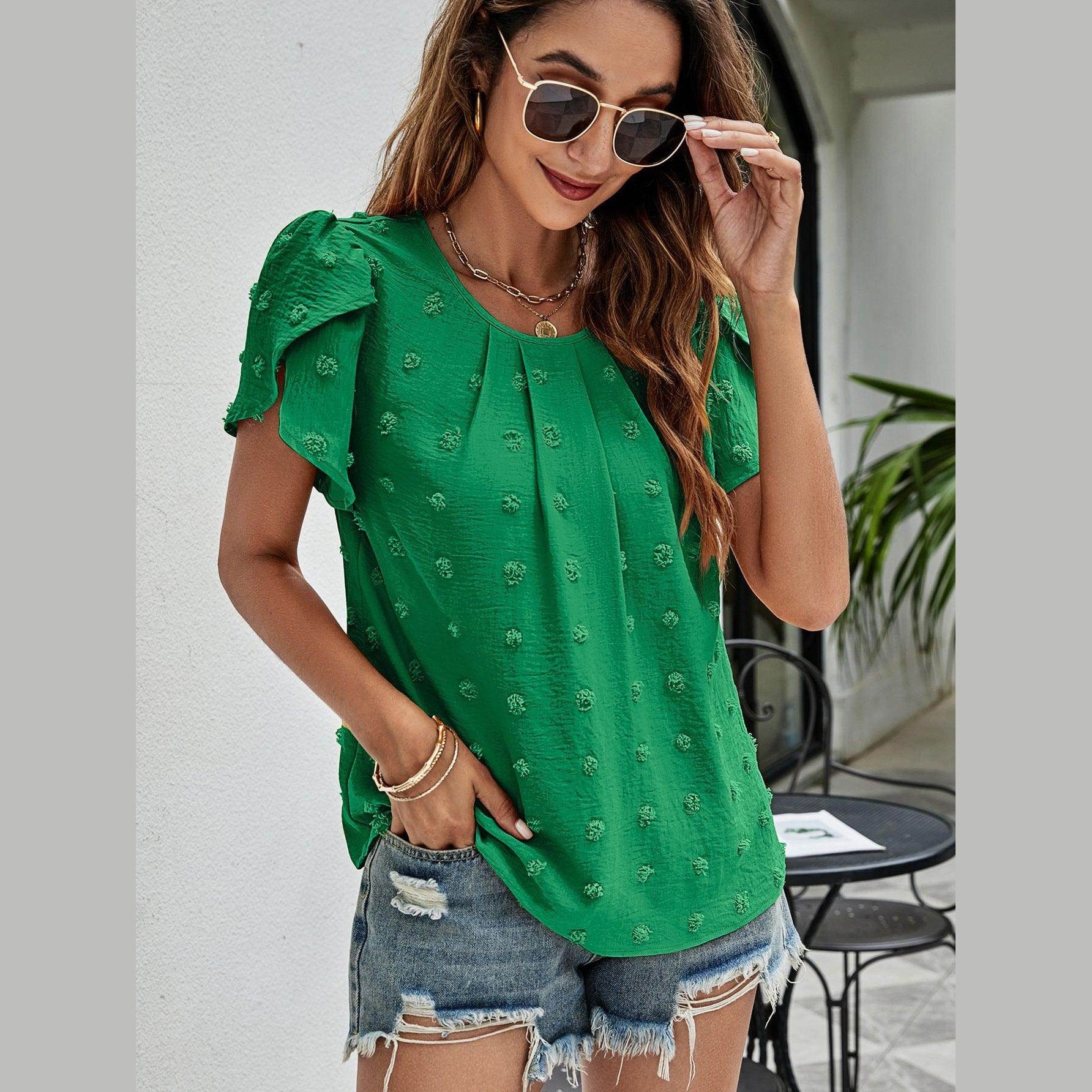 Swiss Dot Round Neck Petal Sleeve Top - VacationGrabs