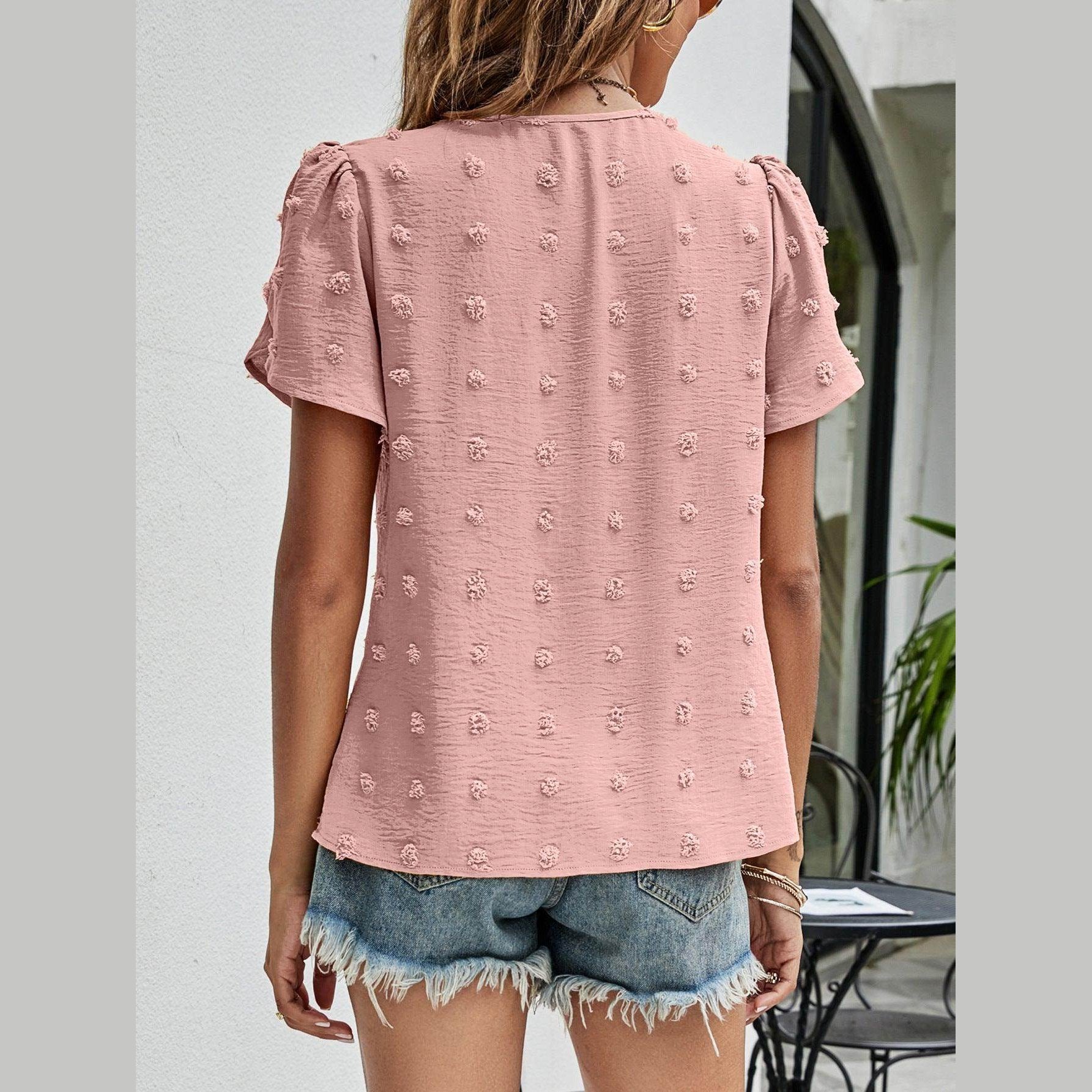 Trendsi casual pink Swiss dot top with short sleeves and textured design, perfect for summer outfits