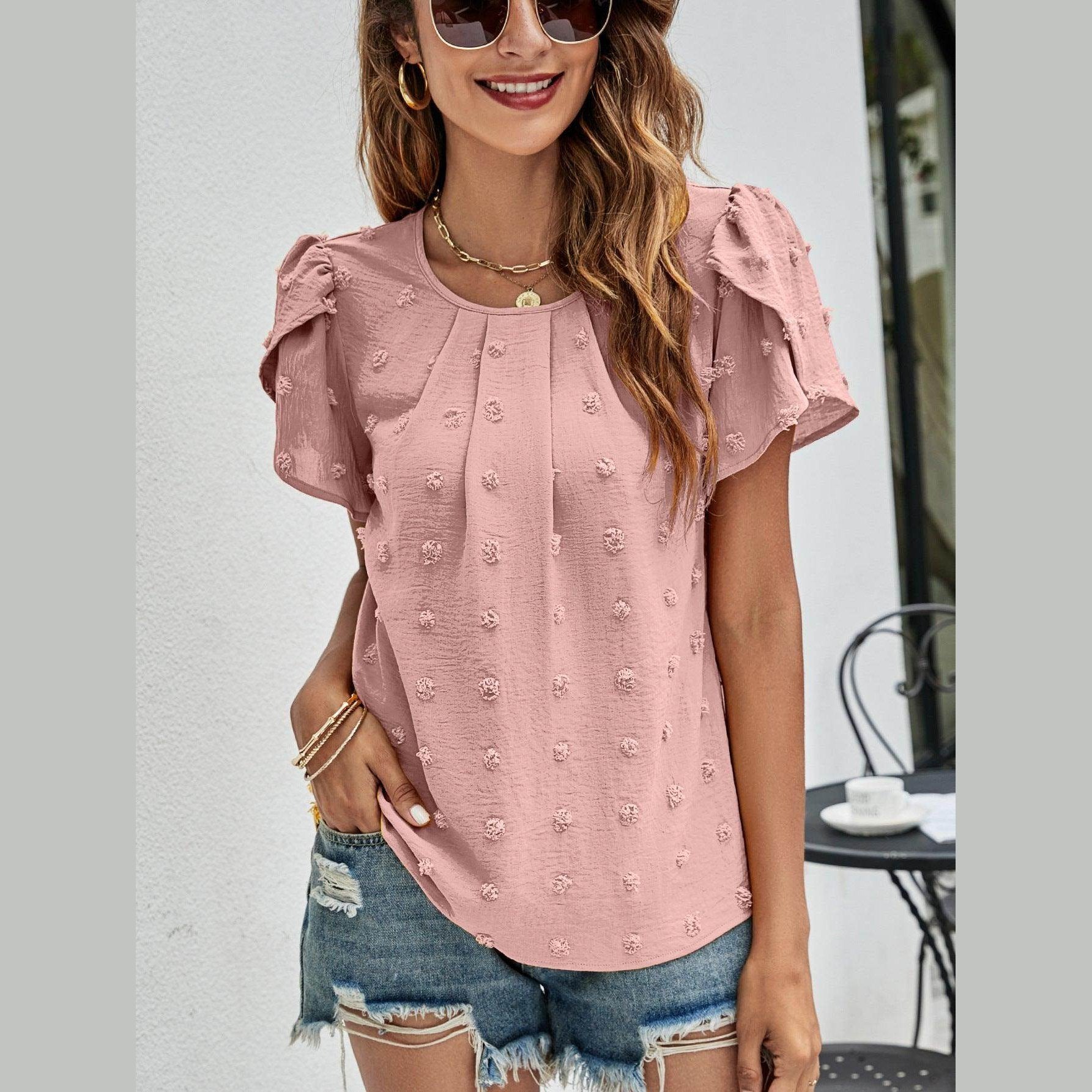 Trendsi casual pink Swiss dot top with puff sleeves for a stylish summer look