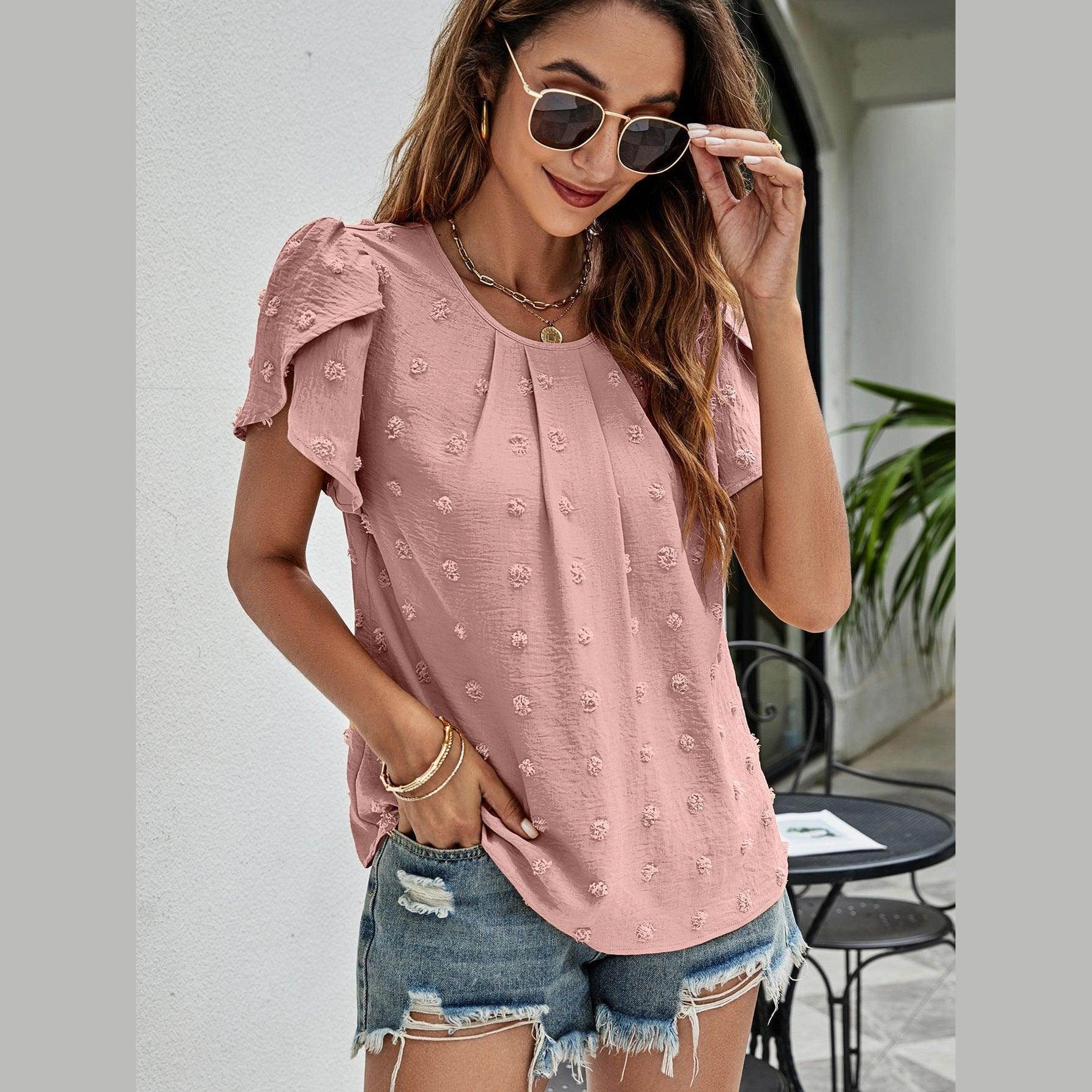 Trendsi casual pink Swiss dot top with ruffled sleeves, perfect for relaxed summer outings