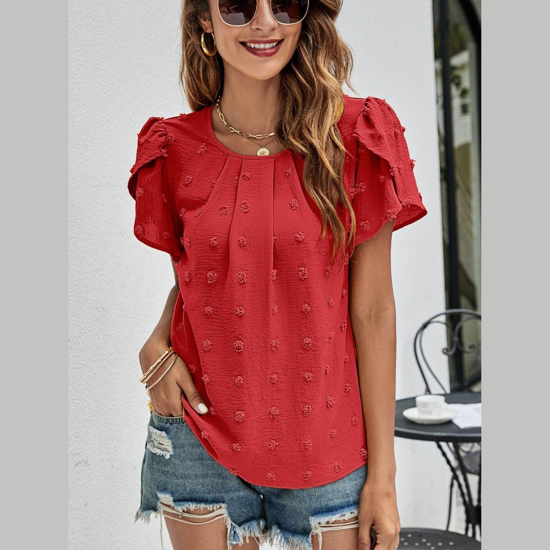 Trendsi casual pink Swiss dot top with puff sleeves, perfect for stylish summer outfits