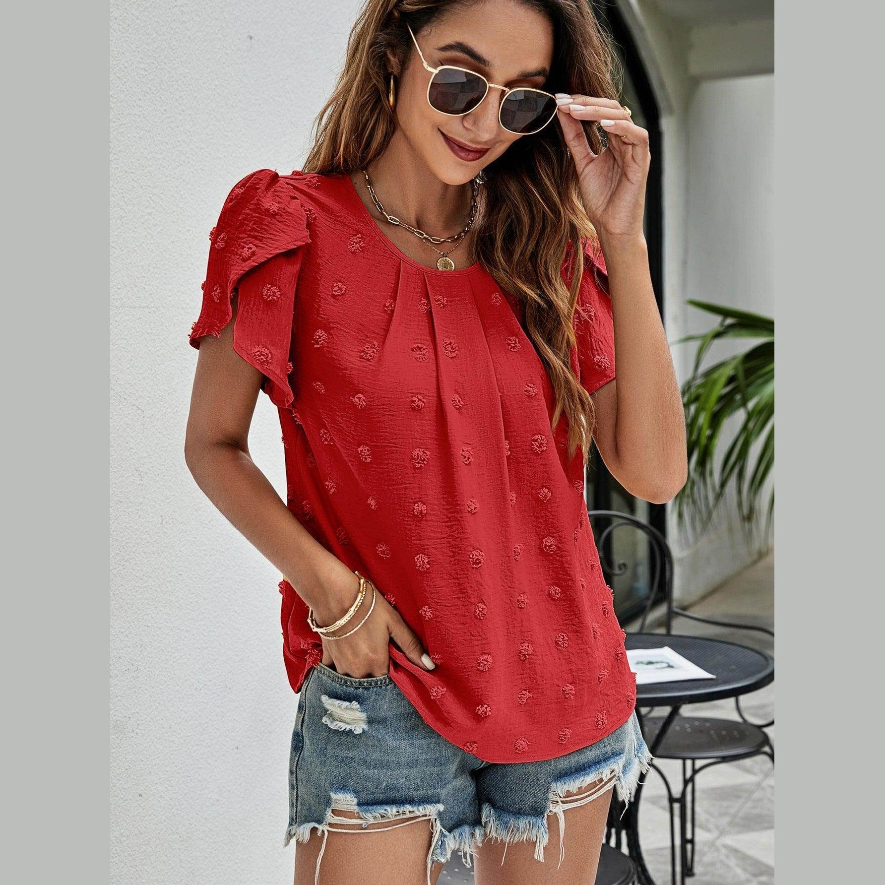 Trendsi casual pink Swiss dot top with puff sleeves and pleated detail for relaxed summer style