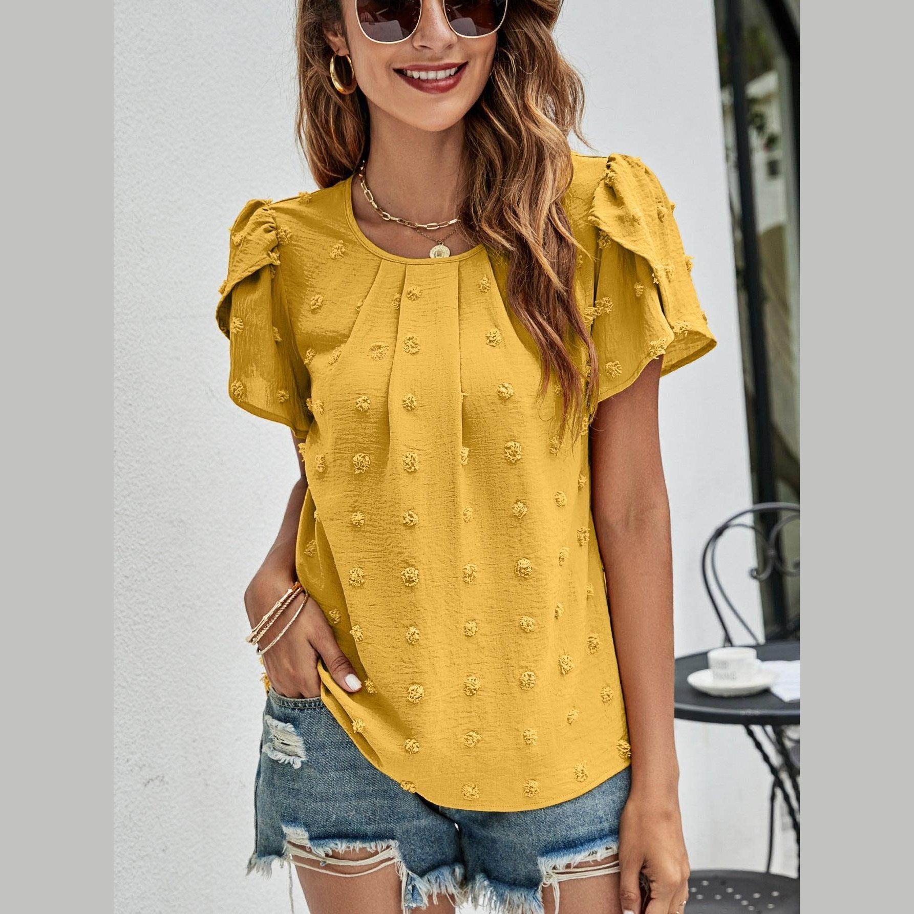 Trendsi casual pink Swiss dot top with puff sleeves, perfect for summer outings and casual wear