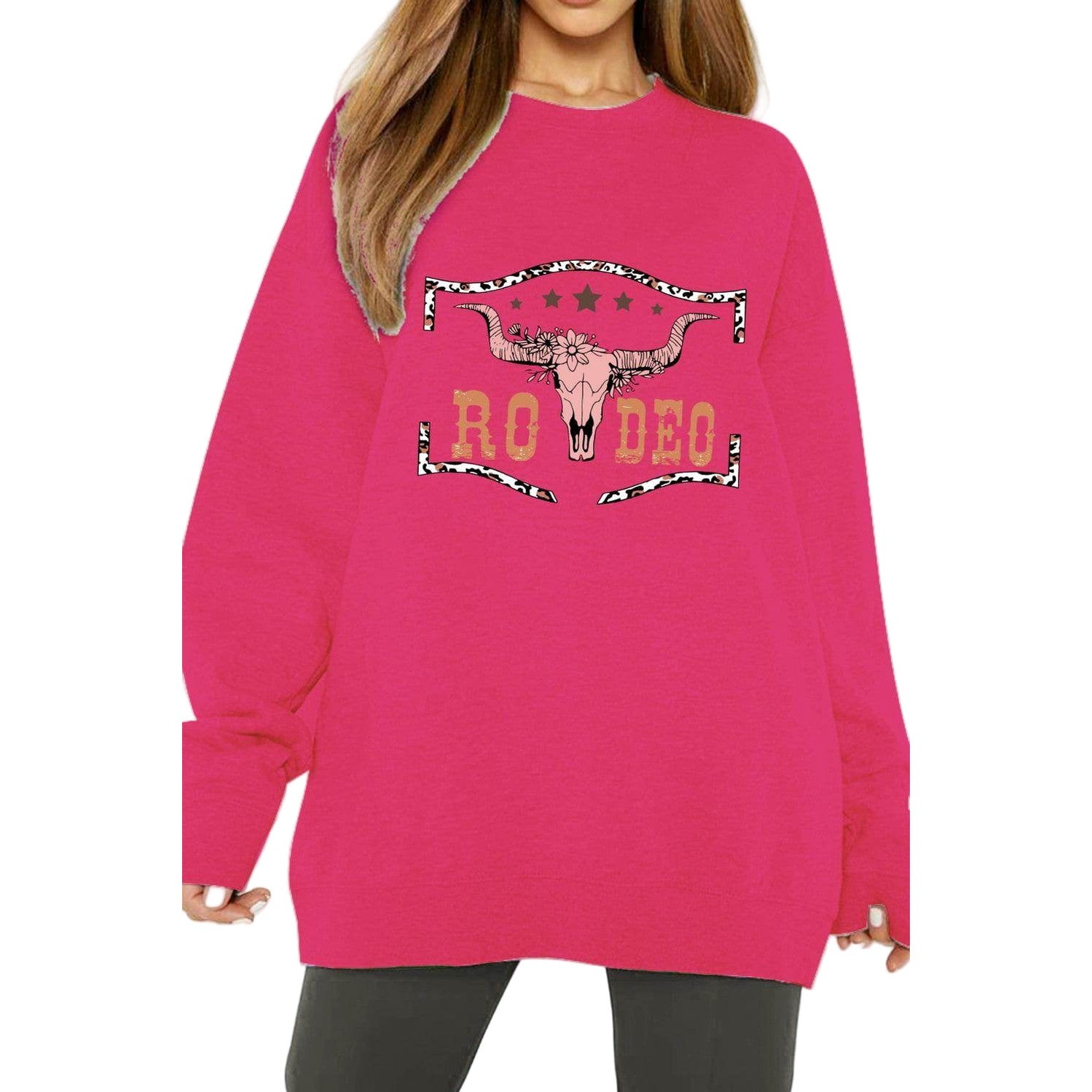 Trendsi Women's Pink Sweatshirt featuring a Rodeo graphic, perfect for casual rodeo style clothing.