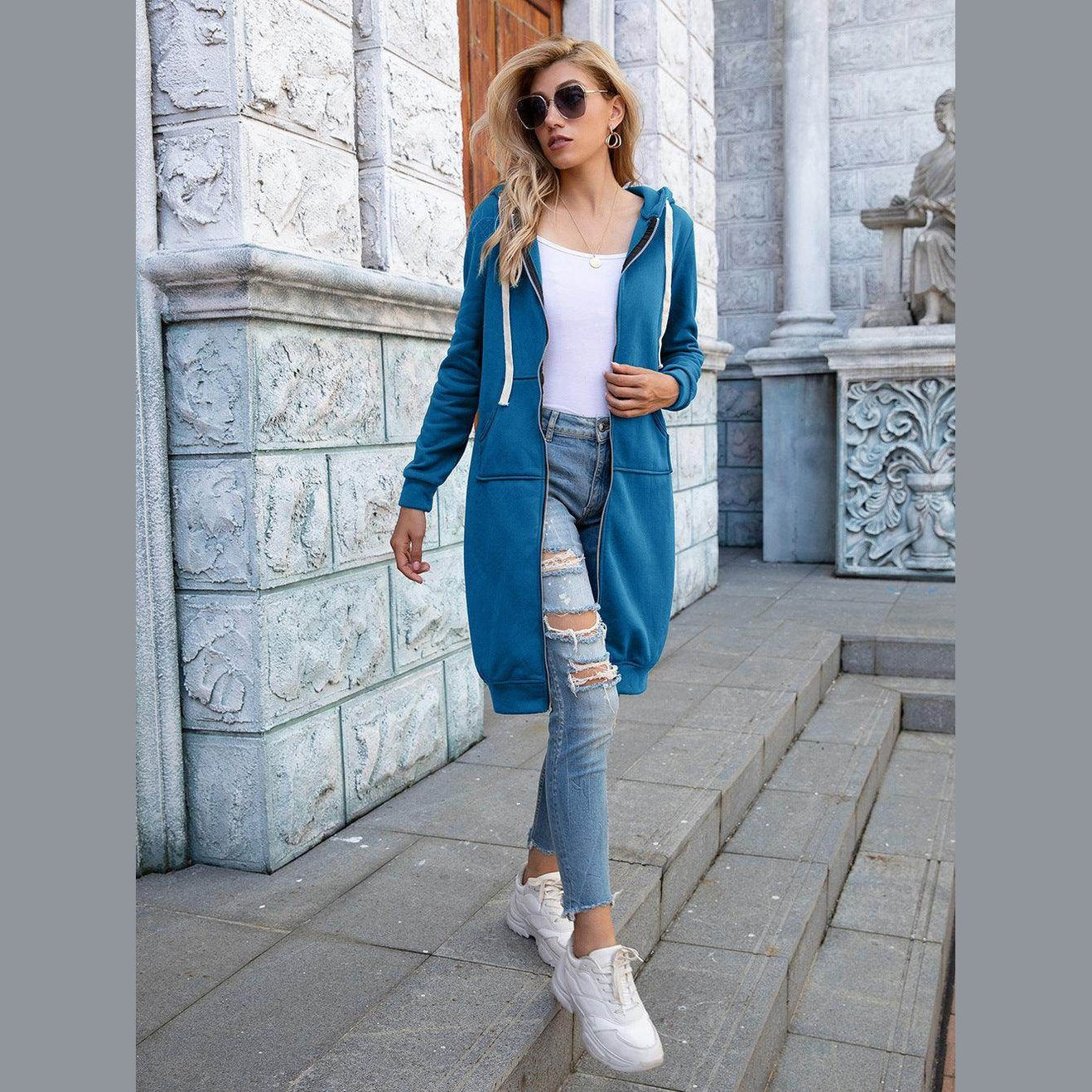 Trendsi Women's Casual Travel Hoodie in Blue with Front Pockets and Long Design
