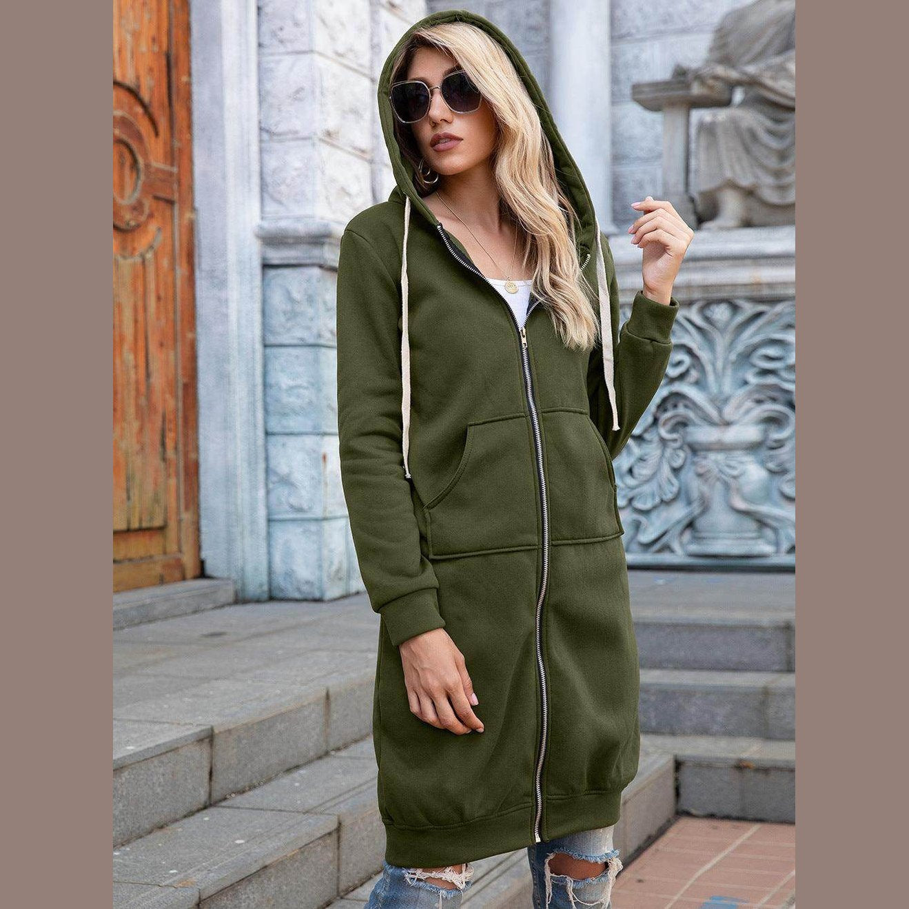 Trendsi casual travel hoodie in olive green with zip closure and front pockets for comfortable outings