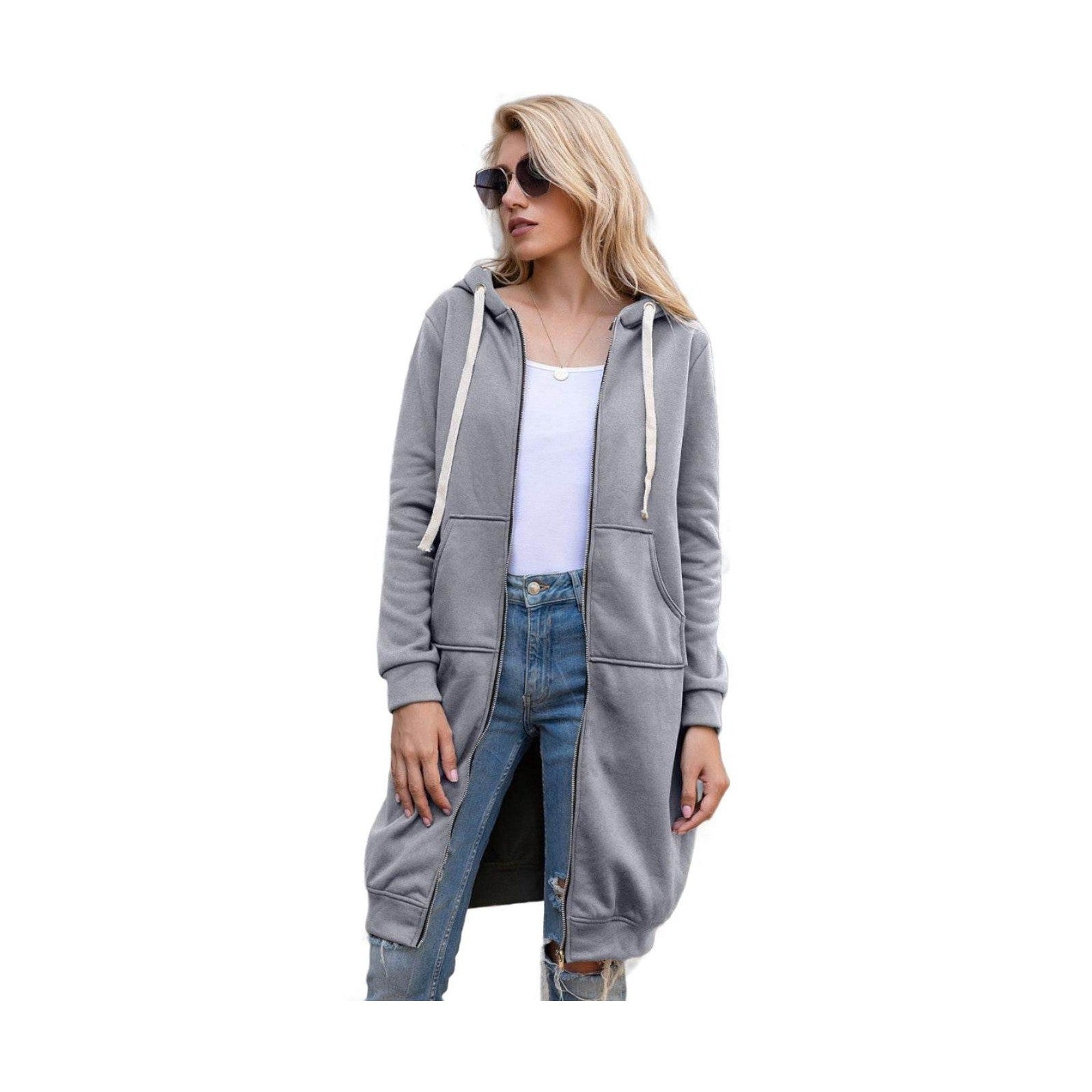Trendsi casual travel hoodie in gray with pockets and a stylish long design for comfortable trips
