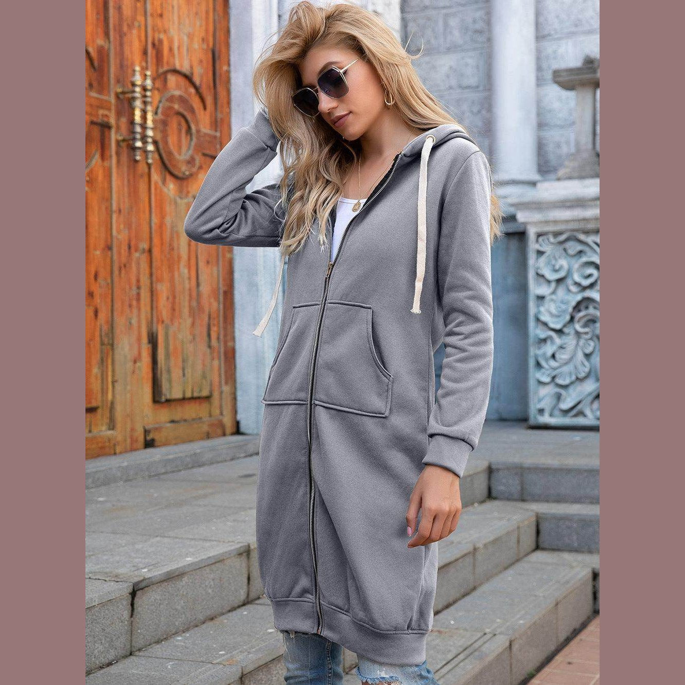 Trendsi casual travel hoodie in light grey with zipper and pockets, perfect for comfortable outings