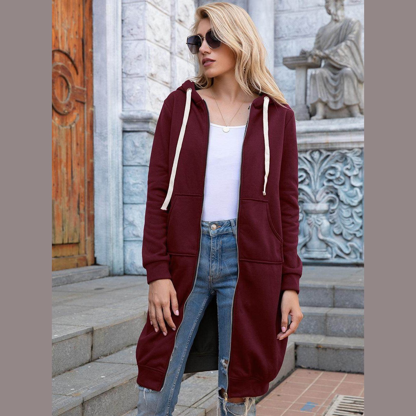 Trendsi Women's Casual Travel Hoodie in Burgundy with Front Pockets and Long Length
