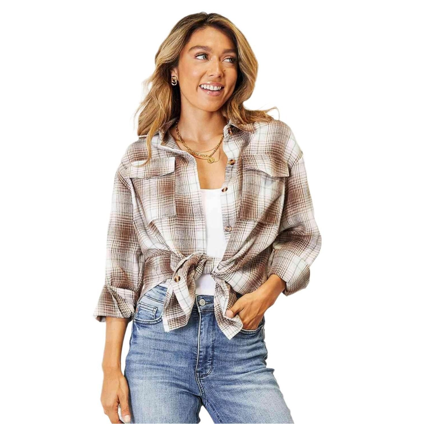 Trendsi Women's Casual Vacation Shirt in plaid pattern, featuring a tied front and button details