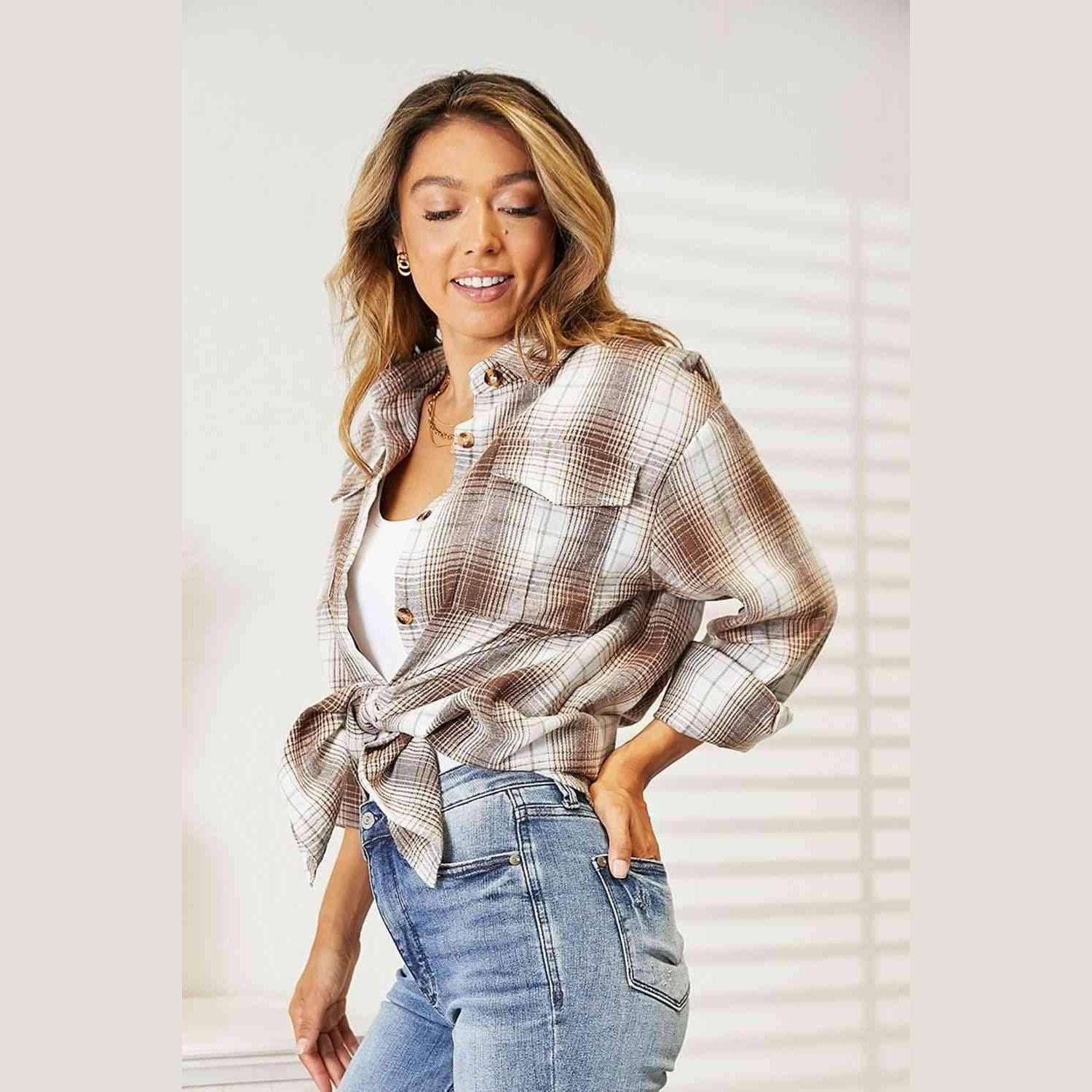 Trendsi Women's Casual Vacation Shirt in plaid design, perfect for relaxed summer outings