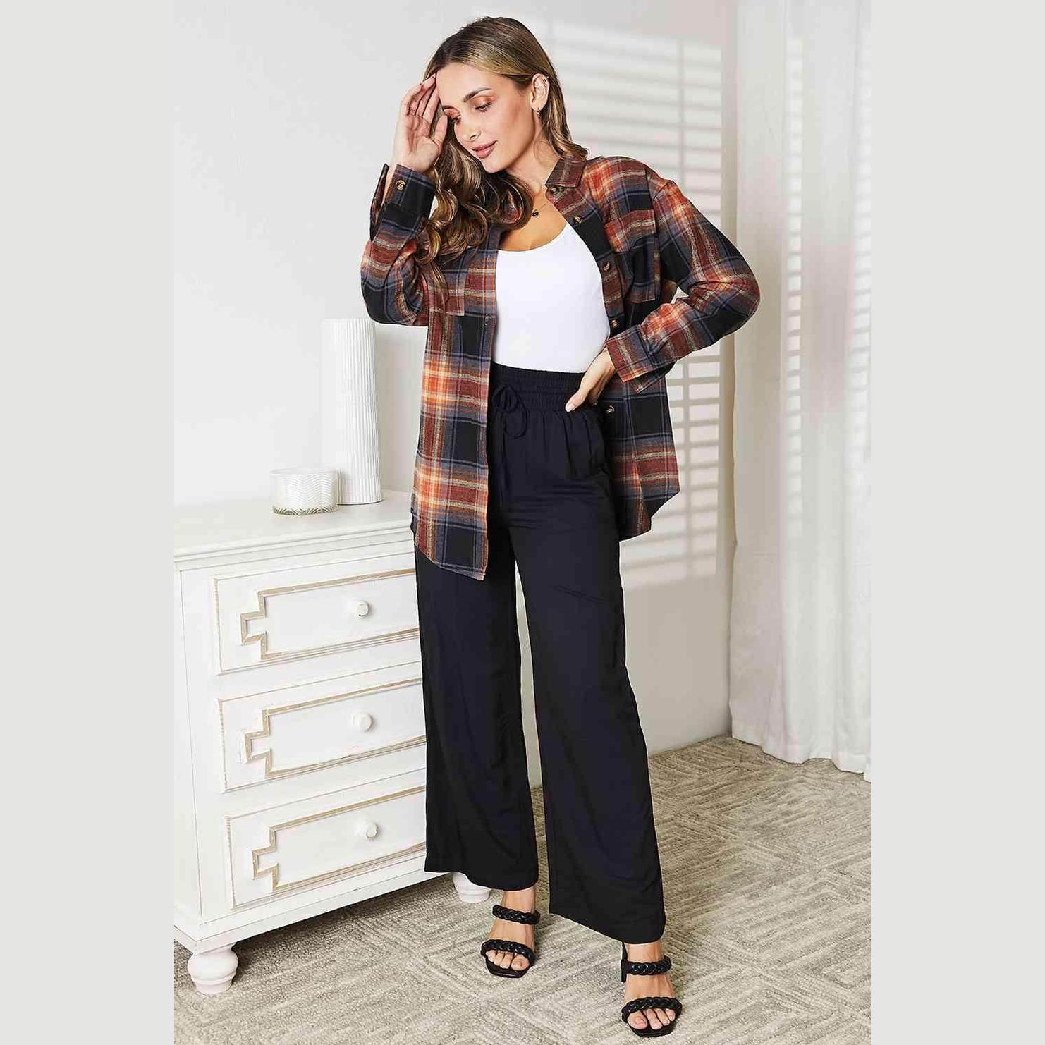 Trendsi Women's Casual Vacation Shirt in plaid design, styled with black pants and sandals