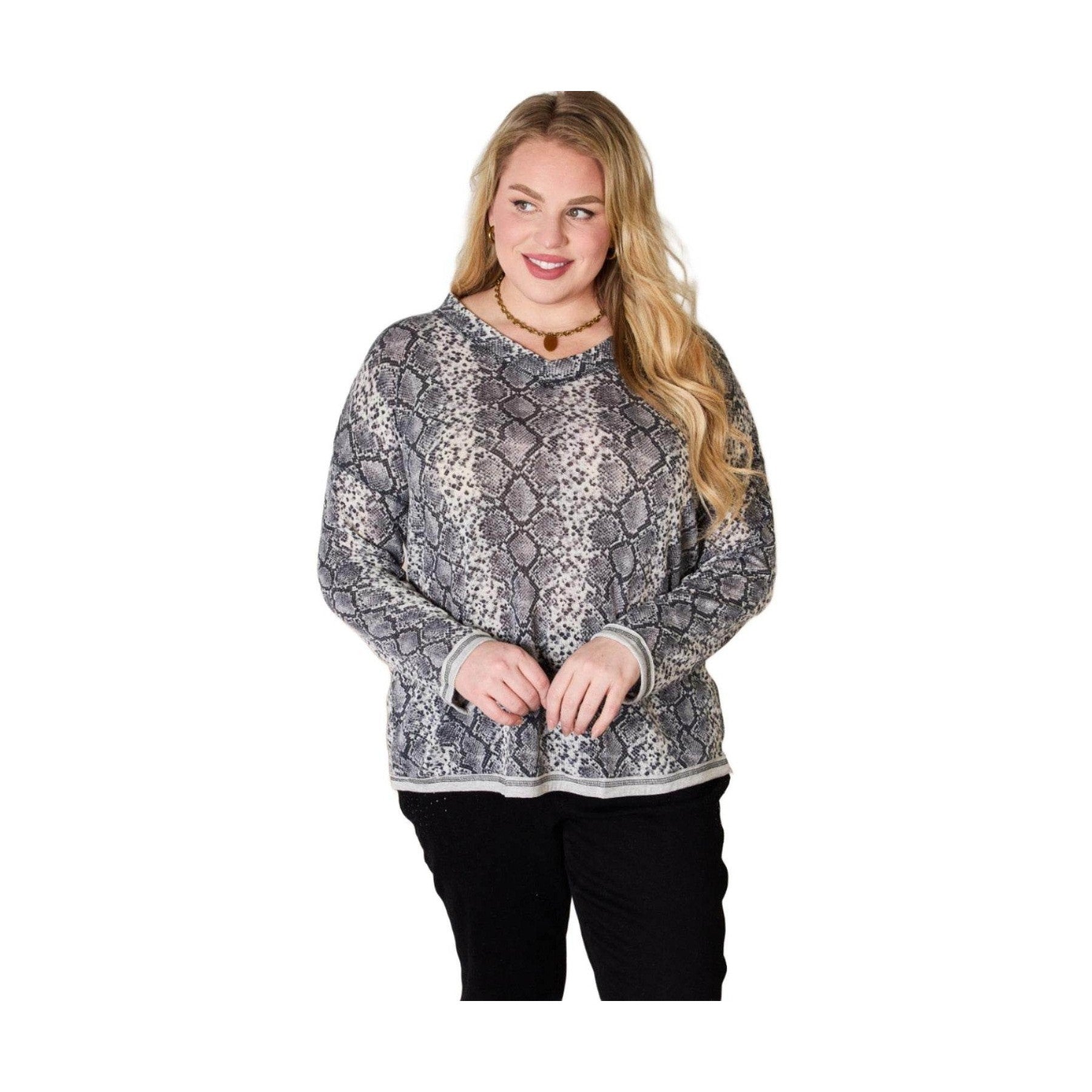 Hailey & Co Full Size Snakeskin V-Neck Long Sleeve Top - VacationGrabs