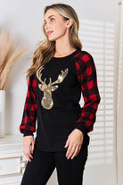 Heimish Full Size Sequin Reindeer Graphic Plaid Top - VacationGrabs