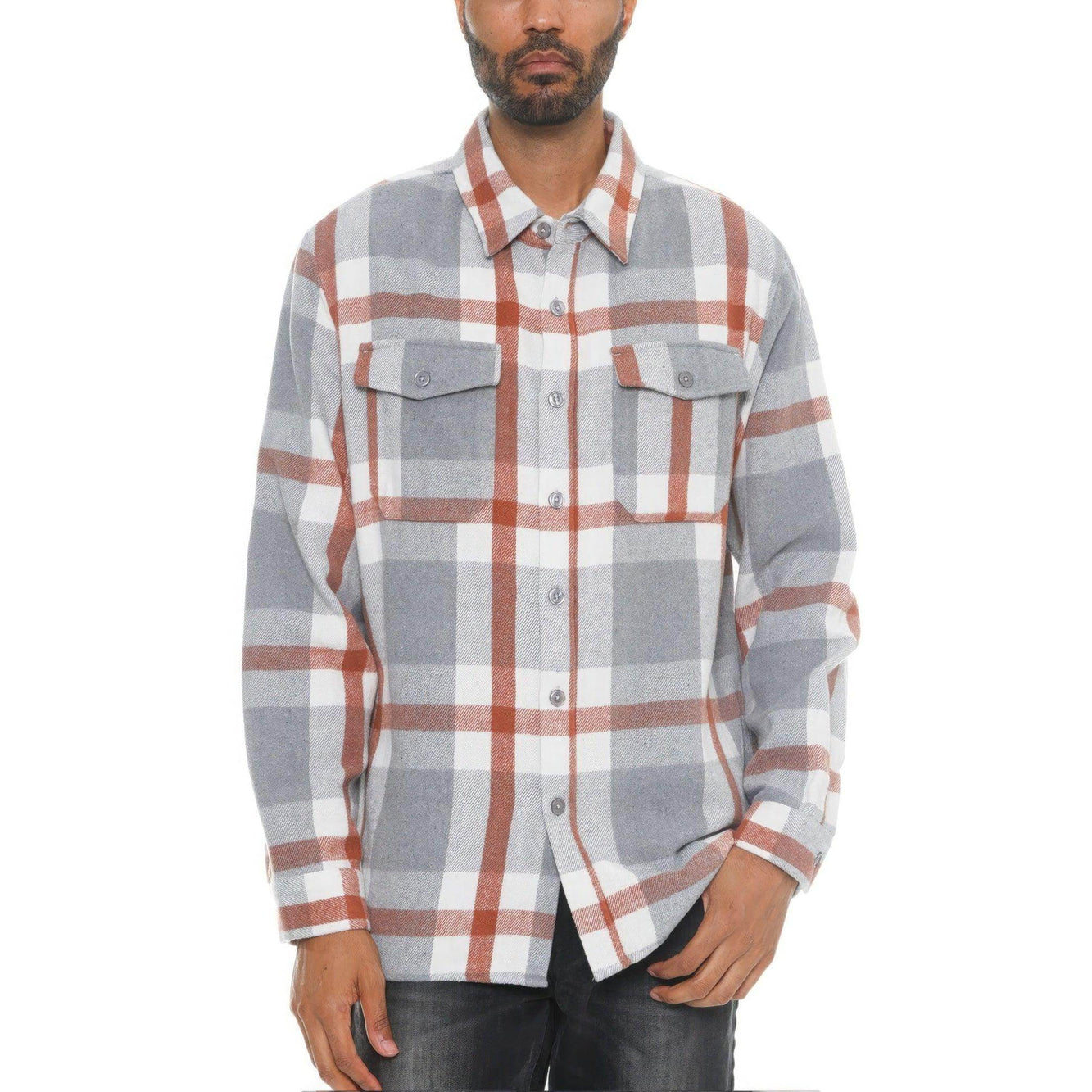Men's checkered flannel shirt jacket from VacationGrabs in gray and rust colors with button-up design