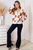 Trendsi checkered pattern sweater in orange and white with button details and a cozy fit