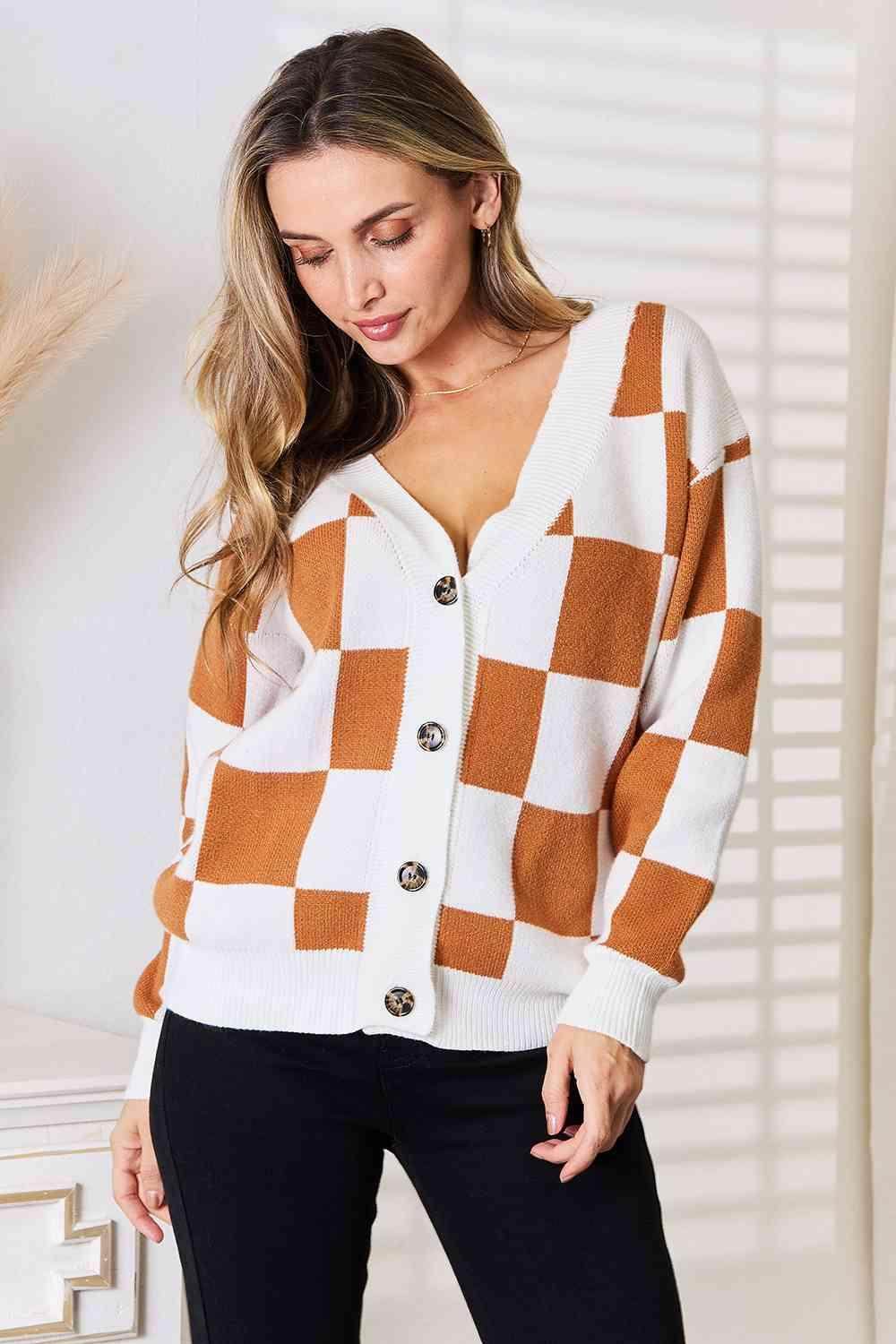 Trendsi women's checkered pattern sweater in orange and white with button closure and v-neck design