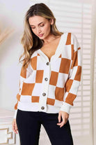Trendsi women's checkered pattern sweater in orange and white with button closure and v-neck design