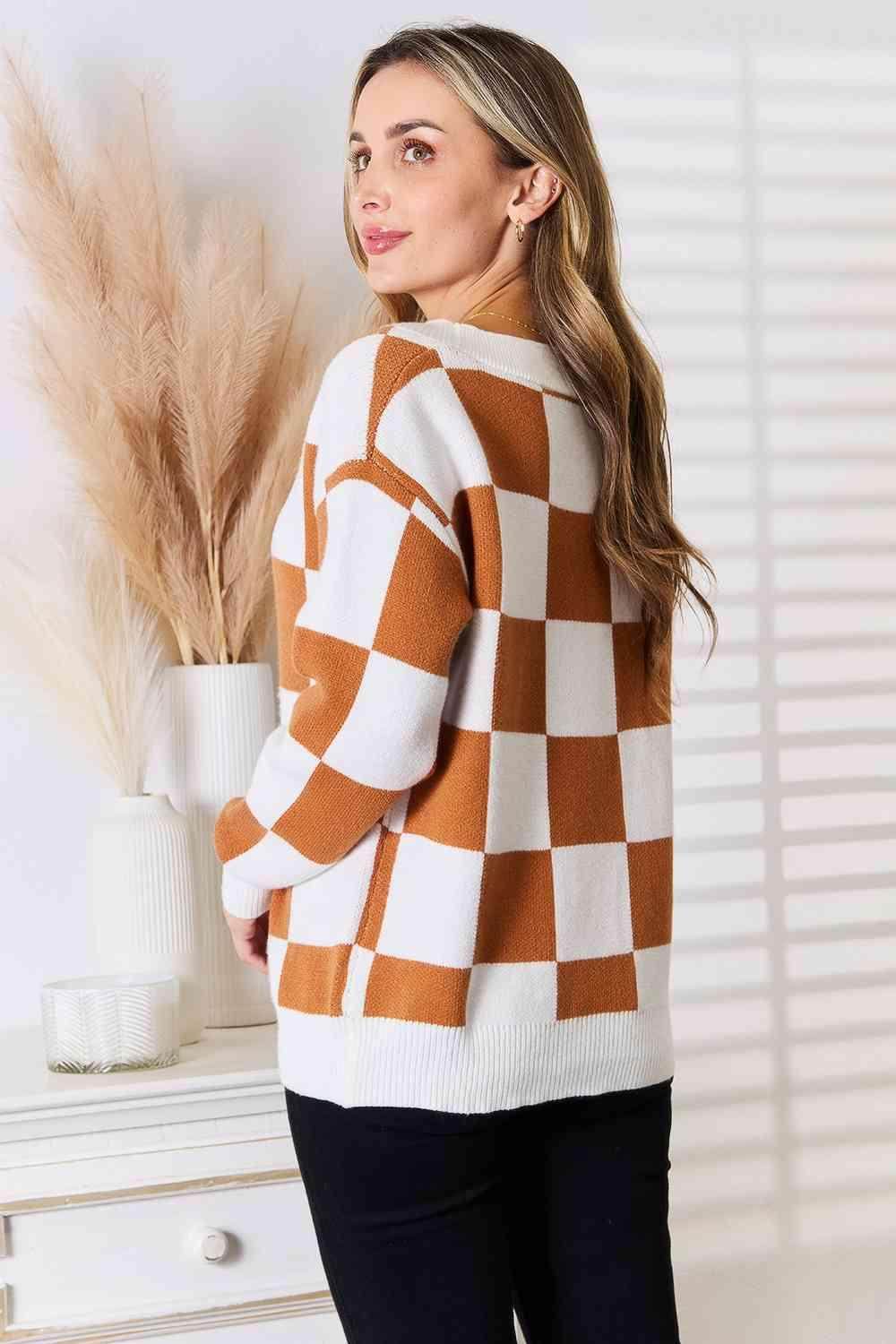 Trendsi checkered pattern sweater in brown and white, perfect for cozy outfits this season