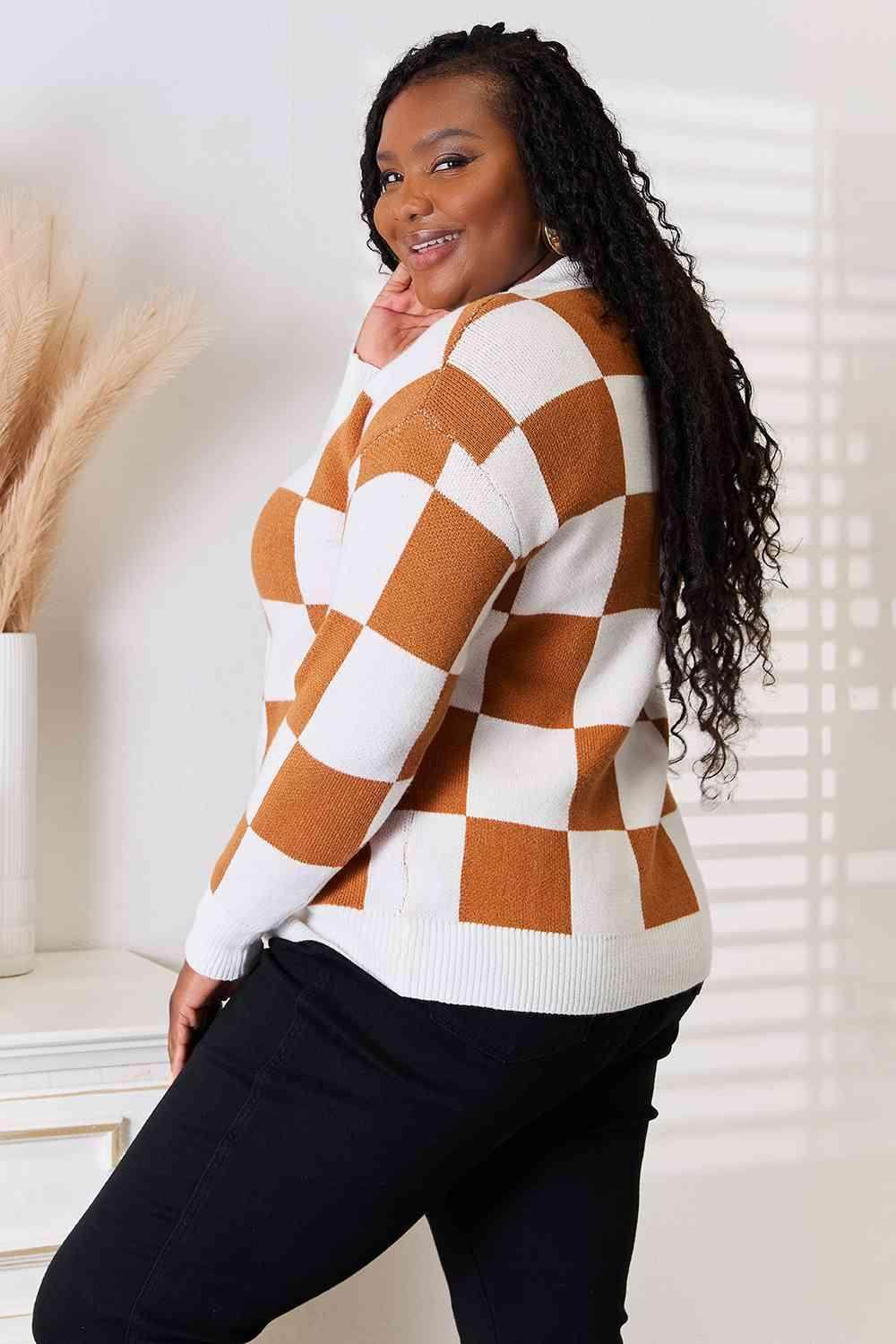 Trendsi women's checkered pattern sweater in brown and cream with a cozy fit and stylish design