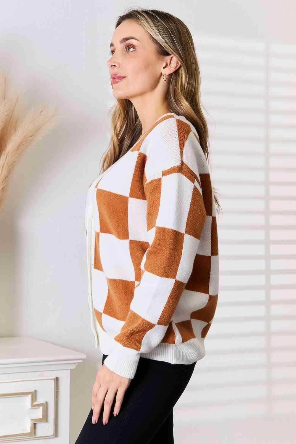 Trendsi women's checkered pattern sweater in brown and white with button front detail