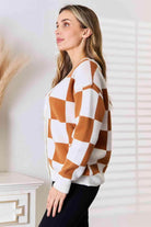 Trendsi women's checkered pattern sweater in brown and white with button front detail