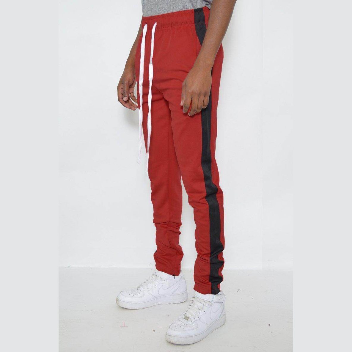 WEIV classic track pants for men in red with black side stripes and adjustable drawstring
