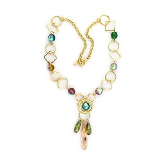 Colorful beaded gold necklace featuring geometric shapes and sparkling accents for vibrant fashion
