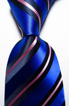 Colorful striped silk neckties in blue with pink and black stripes for a stylish look