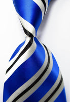 Colorful striped silk neckties featuring bold blue, black, and silver stripes for stylish men's accessories