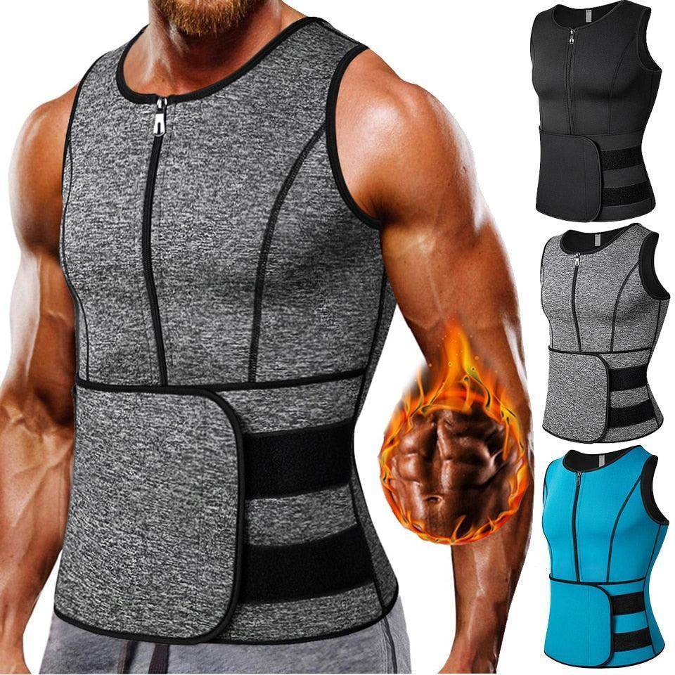 Men's compression waist trainer in gray, black, and blue for fitness and body shaping