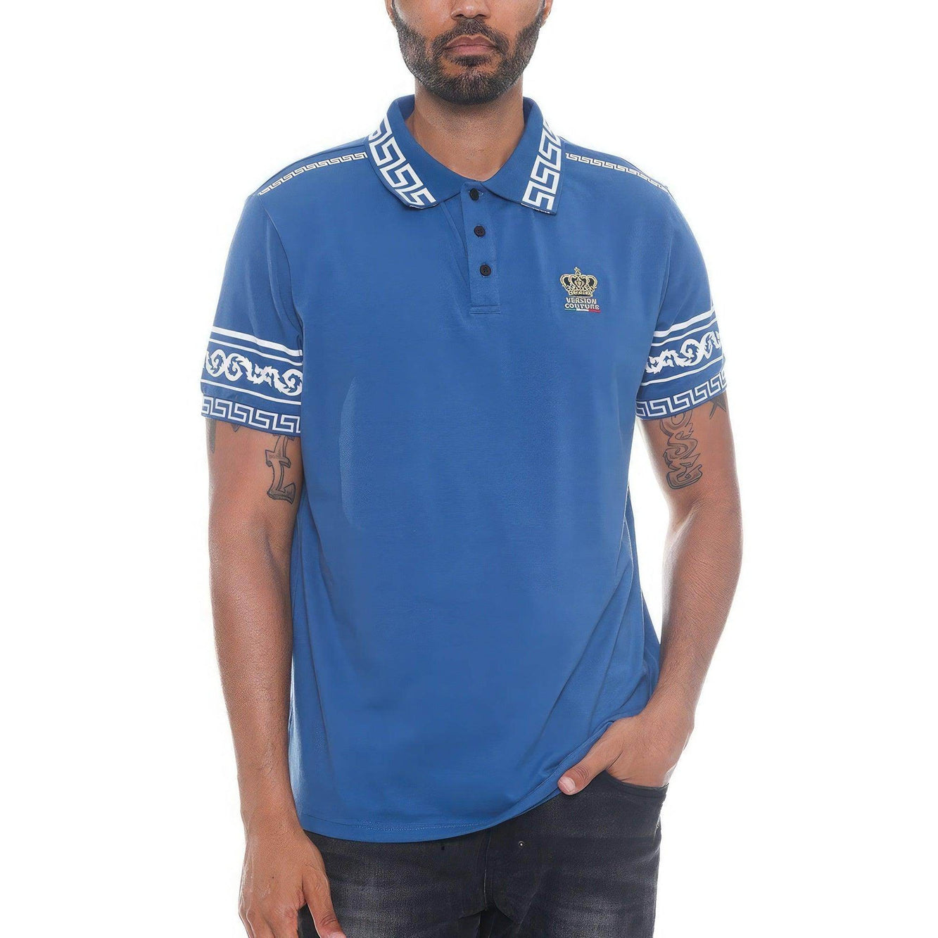 VacationGrabs Couture Polo for Men in Blue with Decorative Greek Pattern and Short Sleeves