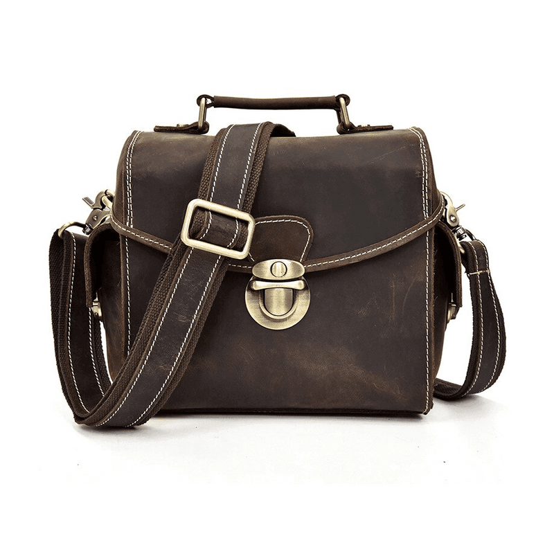 Crazy Horse leather camera bag with adjustable strap and vintage brass lock, perfect for photographers