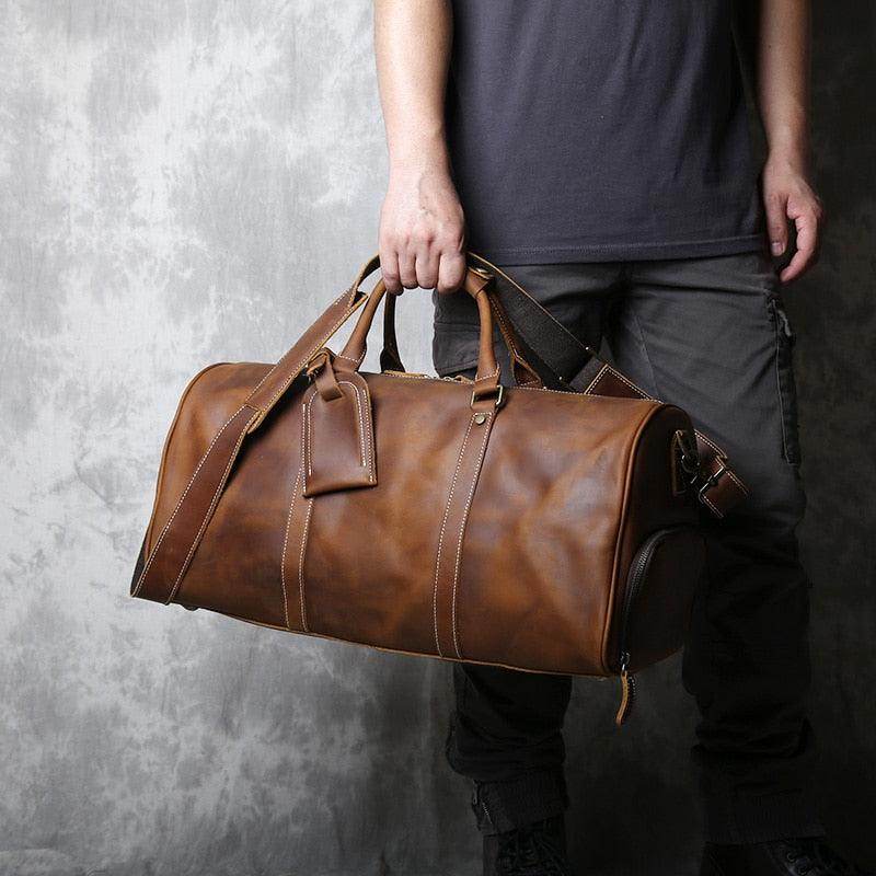 Brown Crazy Horse Leather Travel Bag with sturdy handles for stylish and durable travel