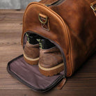 Crazy horse leather travel bag with shoes stored in a separate compartment for easy access