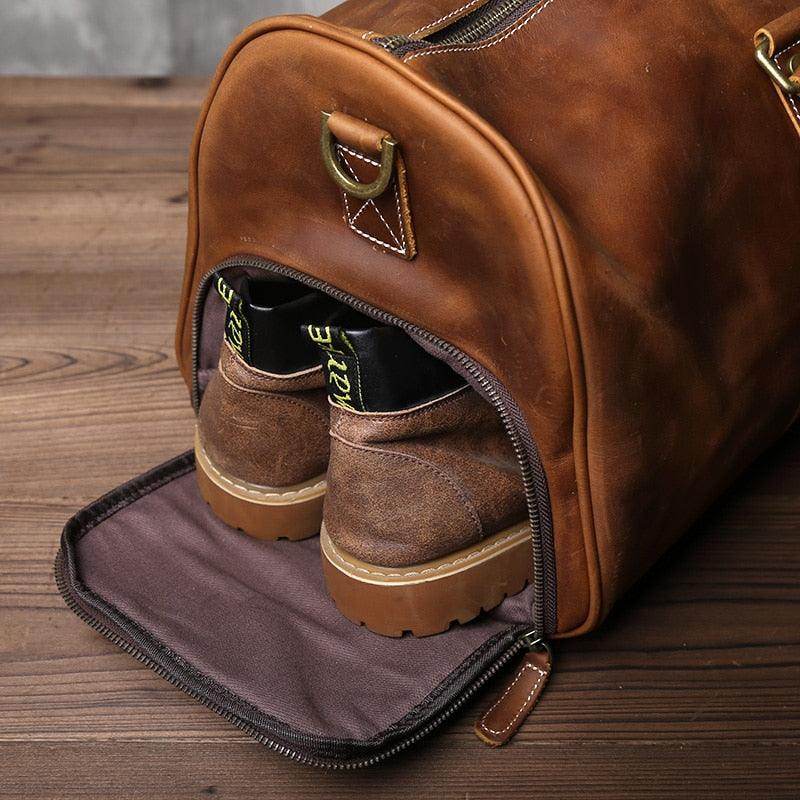 Crazy horse leather travel bag with shoes stored in a separate compartment for easy access