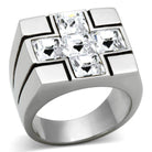 Stylish silver cross design ring for men featuring sparkling clear gemstones